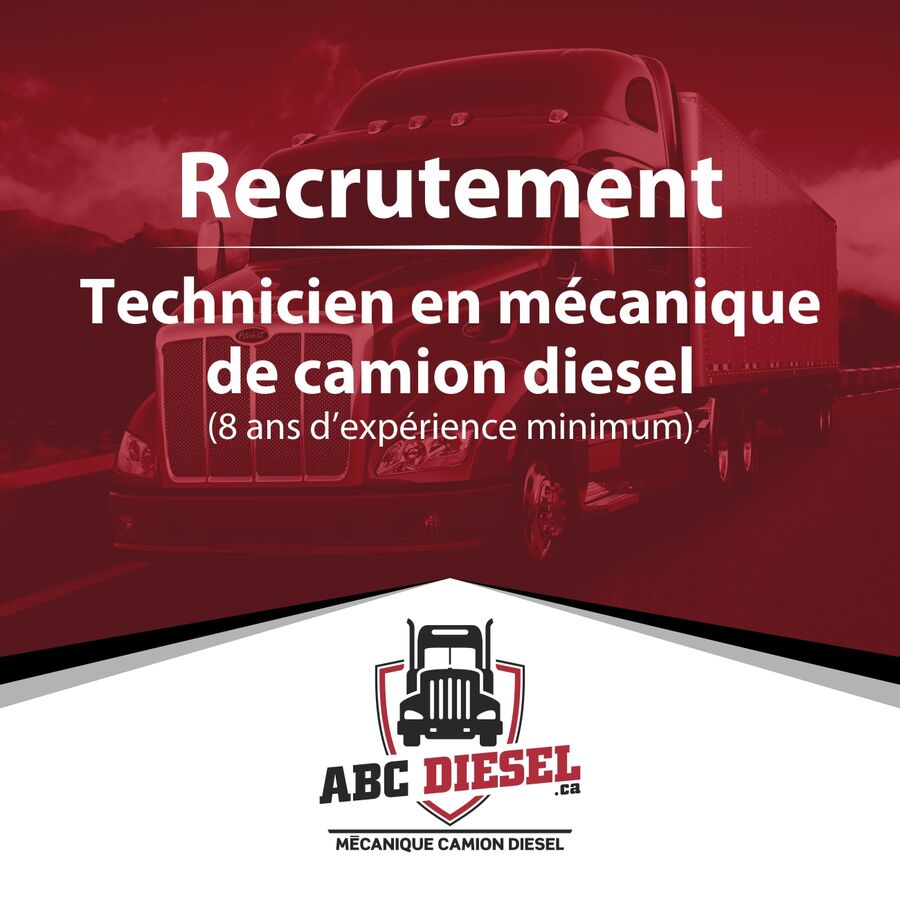 Les avantages de travailler chez ABC Diesel Inc:

- Horaire de travail flexible entre 6 :00 et 17 :00 Lundi au Vendredi
- Vendredi d'&eacute;t&eacute; de Mai &agrave; Octobre, journ&eacute;e de travail de 6 heures
- Paie hebdomadaire par d&eacute;p&ocirc;t direct
- 5 semaines de cong&eacute; par ann&eacute;e
- Salaire tr&egrave;s comp&eacute;titif
- Assurance collective compl&egrave;te pay&eacute;e &agrave; 100 % - Wow !!!
- REER collectif
- Bottes fournies
- Uniformes fournis
- Formation continue
- Outils sp&eacute;ciaux fournis
- Possibilit&eacute; de faire des heures suppl&eacute;mentaires sur demande

- Il y a 2 postes a combl&eacute; d&egrave;s que possible:

- Poste de technicien diesel en diagnostique et r&eacute;paration de moteur
- Poste de technicien diesel en m&eacute;canique g&eacute;n&eacute;rale