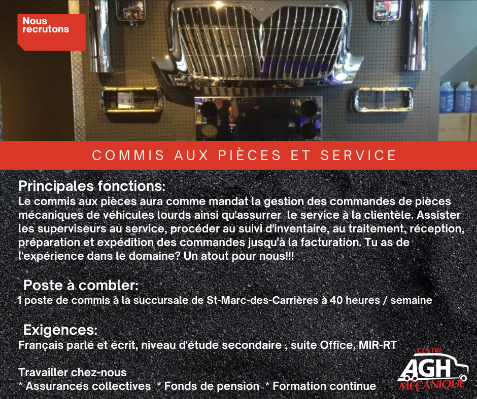 Poste de commis aux pi&egrave;ces et service

Veuillez nous faire parvenir votre CV &agrave; jpetitclerc@mecaniqueagh.com